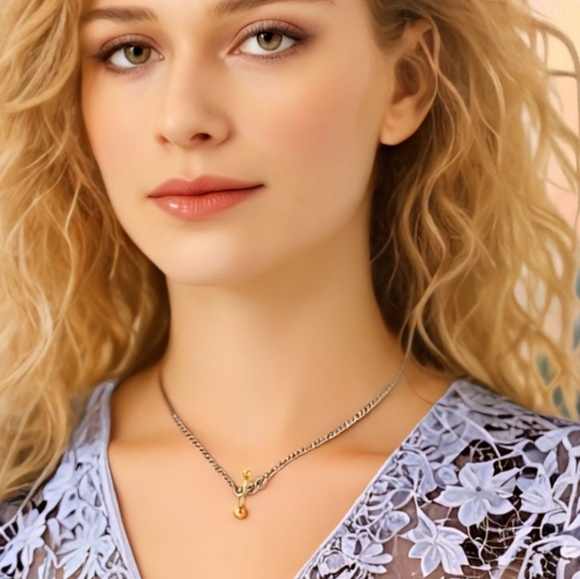 🆕️Two Tone 18K Gold Plated Stainless Steel Chain Necklace with Gold Ball Bar ✨ - Picture 3 of 11